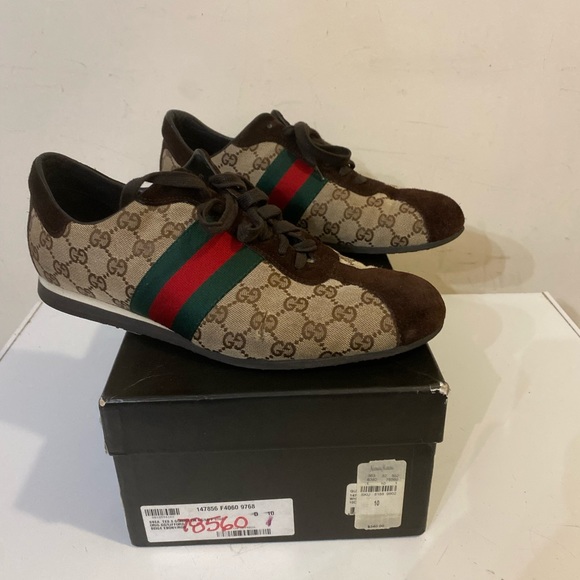 Gucci Brown/Beige Suede And GG Canvas men shoes Sneakers Sz G 10 US 11 - Picture 2 of 15